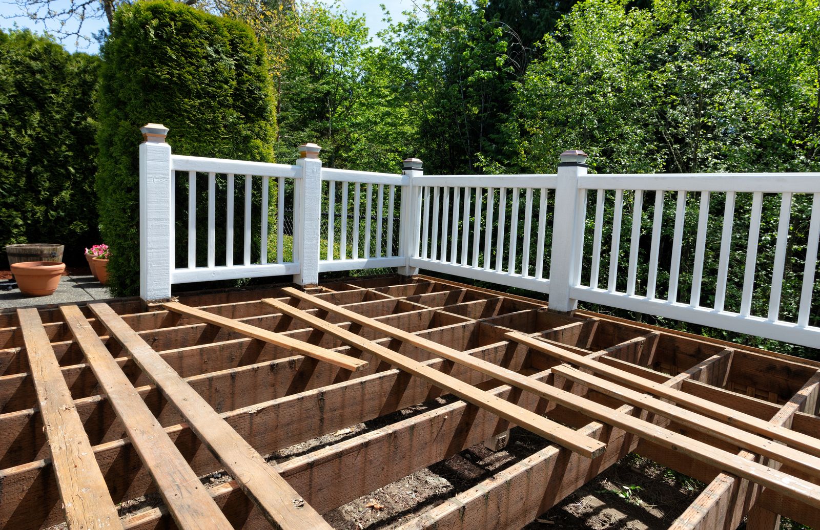 Deck framing with the boards removed