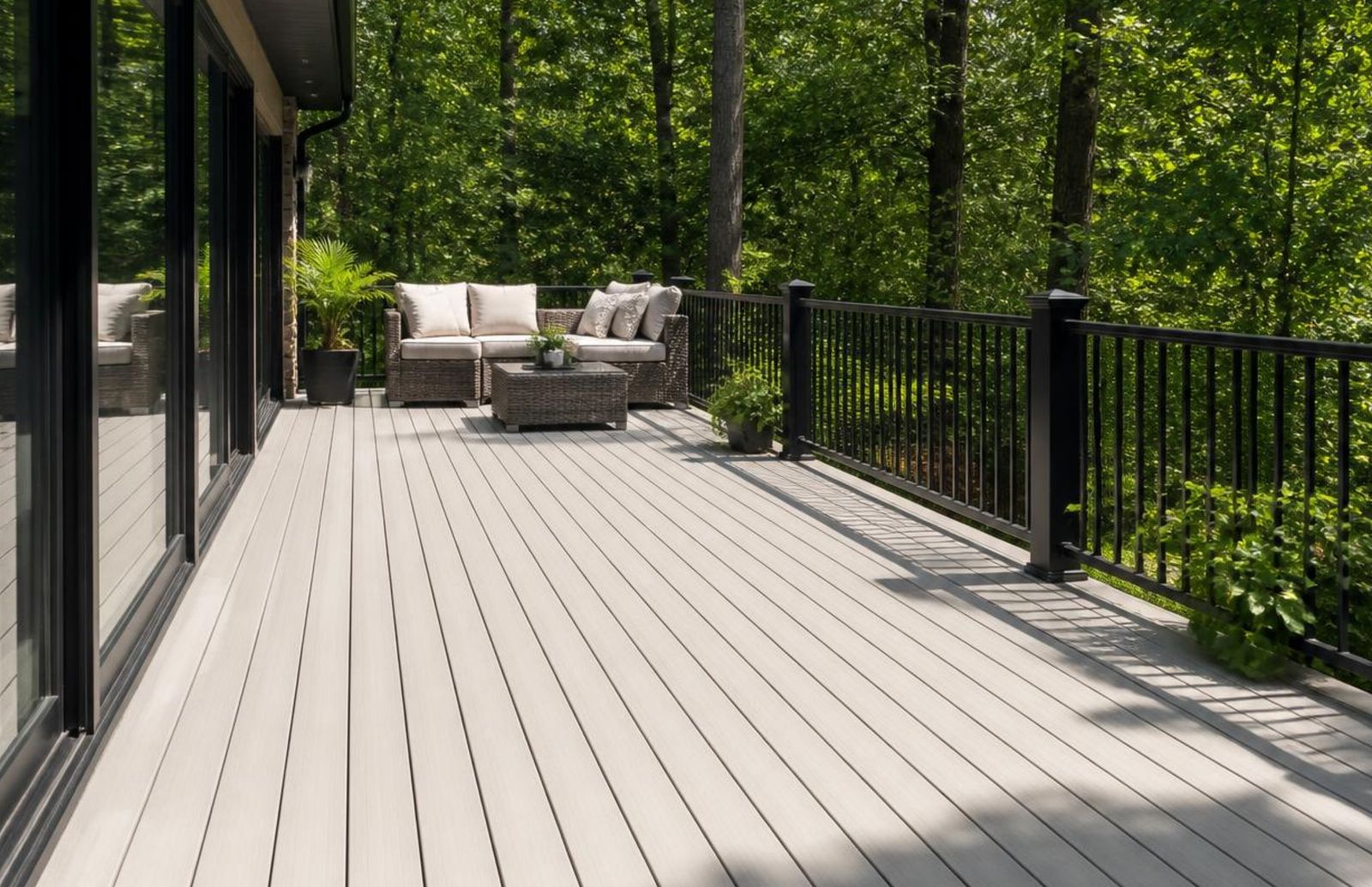 A wide deck with light decking and black aluminum railings